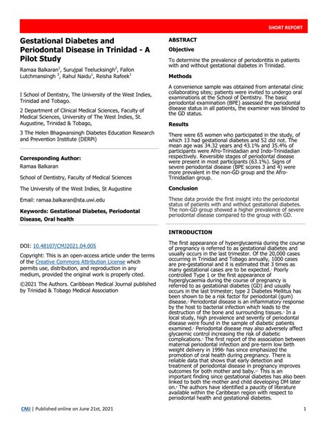 Gestational Diabetes and Periodontal Disease in Trinidad – A .